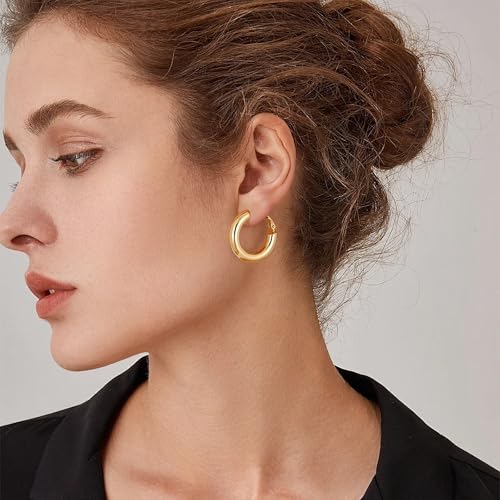 sovesi Chunky Hoop Earrings for Women, 14K Gold Plated Thick Hoops | 5mm Thick Hollow Tube Chunky Lightweight Hypoallergenic Hoop Earrings for Women - style: Gold and Silver 25MM