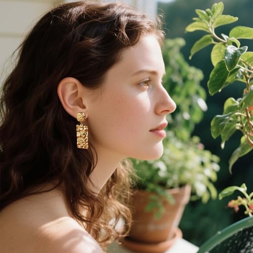 Large Geometric Drop Dangle Earrings for Women Pearl Teardrop Disc Rectangle Oval Fishtail Shell Shaped Textured Dangle Studs Earrings for Women - color: Gold-Rectangle