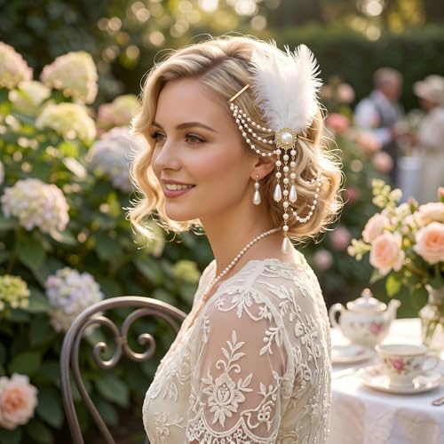 2Pcs Victorian Hair Accessories for Women, 18th Century Renaissance Queen Ostrich Feather and Pearl Tassel Barrette Clips, Marie Antoinette Blonde Beehive Costume Jewelry