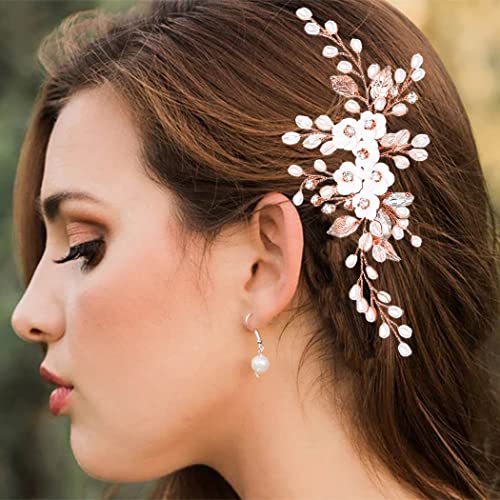 Unicra Flower Bride Wedding Hair Comb Leaf Rose Gold Bridal Headpiece Pearl Hair Accessories Crystal Hair Piece Jewelry for Women (C Rose Gold) - color: C Rose Gold