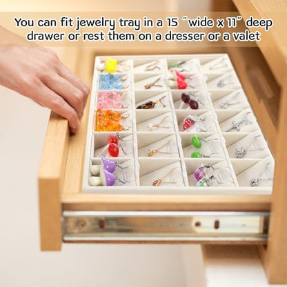 2 Pcs 24 Grid Stackable Jewelry Organizer Tray with Removable Dividers Ice Velvet Jewelry Display Showcase Tray for Necklace Earring Ring Bracelet Holder (Beige Velvet) - color: Beige