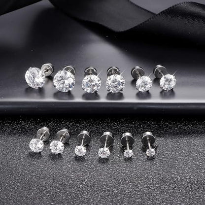 6 Pairs Surgical Steel Flat Back Earrings | CZ Stud Set | Hypoallergenic 316L Surgical Steel • Flat Back Threaded Studs for Cartilage, Helix & Lobe • 6 Mixed Sizes (3-8mm) - color: Flatback-White