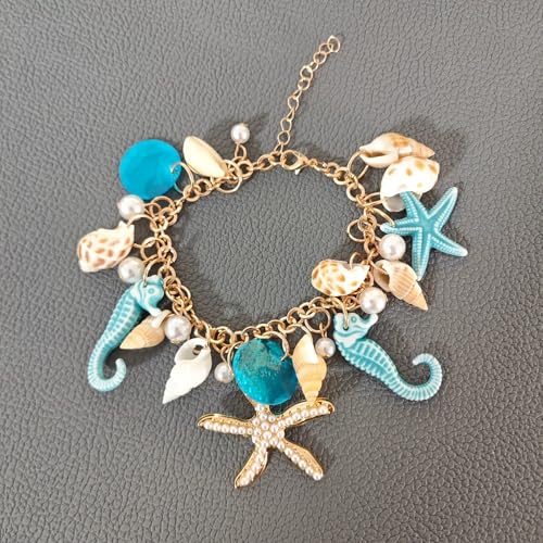 Shell Starfish Bracelet Seahorse Conch Starfish Sea Shell Pearls Charm Stone Bracelet Statement Bohemian Sea Themed Beach Jewelry for Women - color: Blue