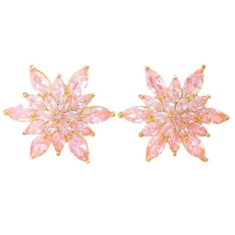 Crystal Flower Burst Stud Earrings Elegant Hypoallergenic Large Big Sparkly CZ Cubic Zirconia Rhinestone Earrings Bridal Wedding Party Prom Costume Jewelry for Women Birthstone Birthday Gift - color: Pink