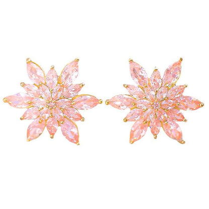 Crystal Flower Burst Stud Earrings Elegant Hypoallergenic Large Big Sparkly CZ Cubic Zirconia Rhinestone Earrings Bridal Wedding Party Prom Costume Jewelry for Women Birthstone Birthday Gift - color: Pink