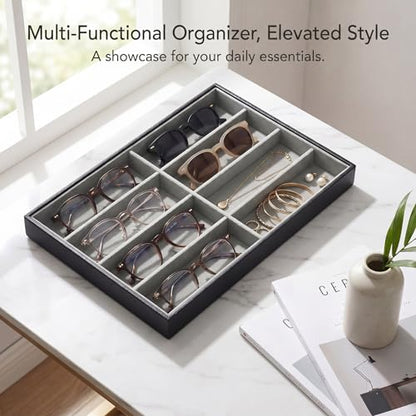 Stratalife 8 Grids Drawer Sunglasses Organizer Tray, Gray PU Velvet | Stackable Eyeglasses Storage Case with Removable Dividers, Jewelry Display Case for Necklace Bracelet, 13.78x9.5x1.2inch - color: Grey-02