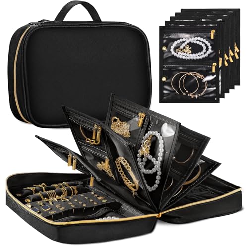 Travel Jewelry Organizer for Women, Jewelry Organizers and Storage with Detachable Zipper Pouches, Tangle-Free Jewelry Travel Case for Necklaces, Earrings, Rings & Bracelets, Black - color: Black