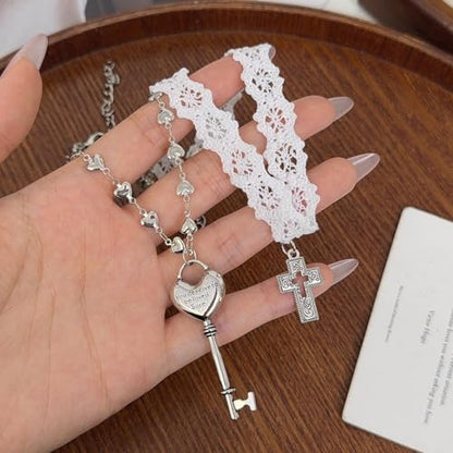 White Lace Cross Strap Key Choker Necklace for Women Cool Heart Chain Double Layer Necklace Fashion Party Jewelry Gift