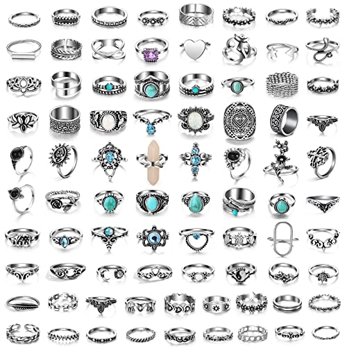 17IF Vintage Silver Knuckle Rings Set for Women Men, Chunky Boho Rings | Aesthetic Snake Grunge Stackable Gothic Ring Adjustable Y2K Punk Bulky Finger Alt of Rings, Stacking Flower Midi Ring Pack - style: 85