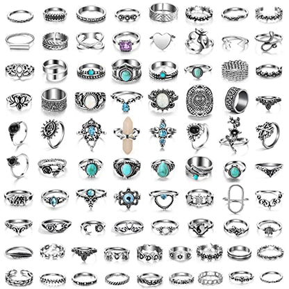 17IF Vintage Silver Knuckle Rings Set for Women Men, Chunky Boho Rings | Aesthetic Snake Grunge Stackable Gothic Ring Adjustable Y2K Punk Bulky Finger Alt of Rings, Stacking Flower Midi Ring Pack - style: 85