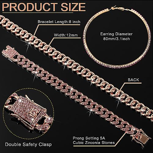 Batiyeer 3 Pcs Cuban Link Chain Necklace Bracelet Rhinestone Hoop Earrings Bling Crystal Hip Hop Jewelry for Women(16 Inch,Rose Gold Pink) - color: Rose Gold Pink, size: 16 Inch