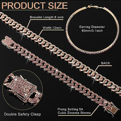 Batiyeer 3 Pcs Cuban Link Chain Necklace Bracelet Rhinestone Hoop Earrings Bling Crystal Hip Hop Jewelry for Women(16 Inch,Rose Gold Pink) - color: Rose Gold Pink, size: 16 Inch