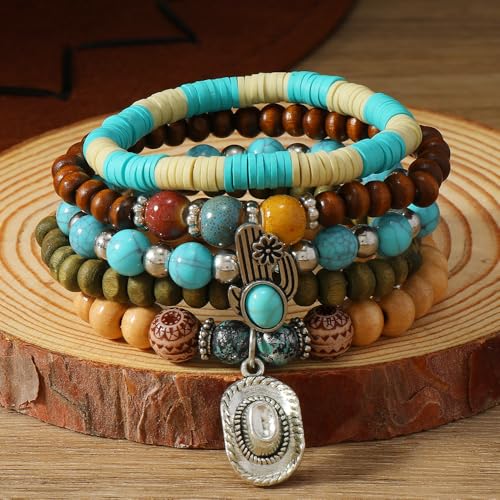 LOTSOF Western Turquoise Beaded Bracelet, Chic Stack Beaded Western Style for Country Concerts, Cowgirl Outfits & Boho Jewelry - color: A set of five hats