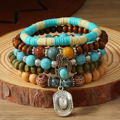 LOTSOF Western Turquoise Beaded Bracelet, Chic Stack Beaded Western Style for Country Concerts, Cowgirl Outfits & Boho Jewelry - color: A set of five hats