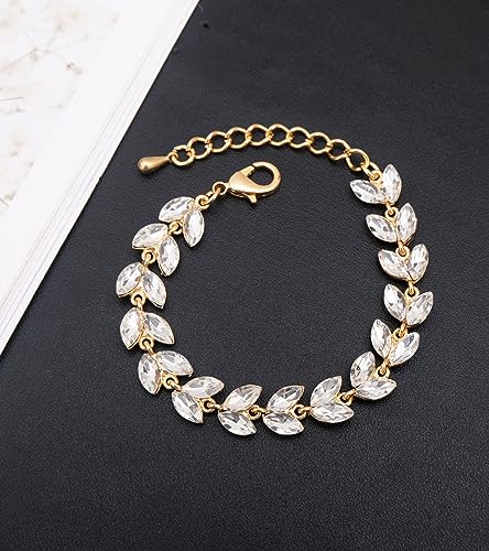 CSY Elegant Bridal Jewelry Sets Wedding Prom Homecoming Gown Accessories | Austrian Marquise Crystal Wedding Necklace Dangle Earrings Tennis Bracelet Ring Set for Bride Women Costume Accessories - color: white crystal-gold tone