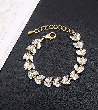 CSY Elegant Bridal Jewelry Sets Wedding Prom Homecoming Gown Accessories | Austrian Marquise Crystal Wedding Necklace Dangle Earrings Tennis Bracelet Ring Set for Bride Women Costume Accessories - color: white crystal-gold tone