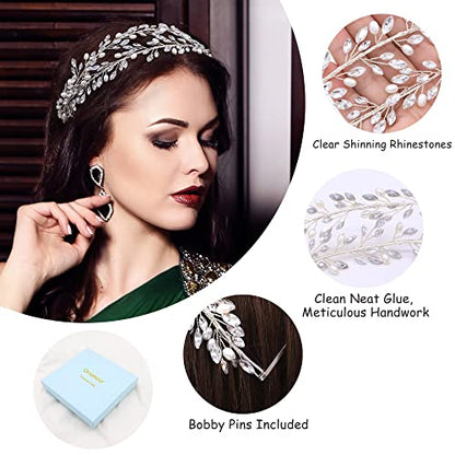 Oriamour Bridal Crystal Headbands Double Layer Wedding Headdress Gold Wedding Headpieces For Women (Silver) - color: Silver