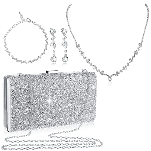 Mixweer 4 Pieces Clutch Purses Bag for Women Evening Rhinestone Jewelry Set Bling Necklace Earrings Bracelets Set for Wedding - style: Simple Style