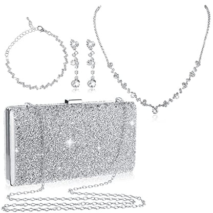 Mixweer 4 Pieces Clutch Purses Bag for Women Evening Rhinestone Jewelry Set Bling Necklace Earrings Bracelets Set for Wedding - style: Simple Style