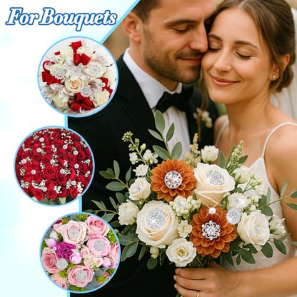 124 Pcs Rhinestone Brooch for Bouquet, Flower Brooch Rhinestone Diamond Brooches Crystal Corsage Boutonniere Stick Pins Embellishments for Crafting Wedding Decor Supplies(Silver)