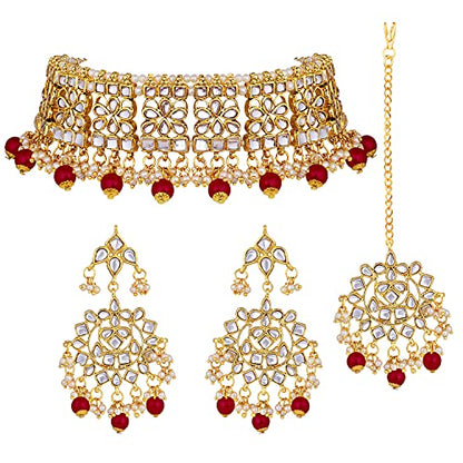 Aheli Elegant Indian Faux Kundan Studded Choker Necklace with Maang Tikka Set Ethnic Wedding Wear Bharatanatyam jewellery set Gift for Women - color: Maroon 2