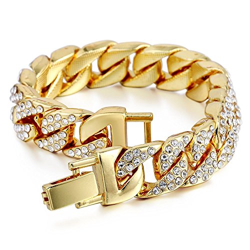 Mens Womens Cuban Link Bracelet Hip Hop Bracelet Stainless Steel Chain Bracelet Iced Out Curb Cuban 18k Gold Plated Bracelet With Clear Rhinestones - color: A-Gold-8.26in