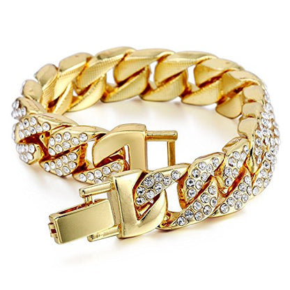 Mens Womens Cuban Link Bracelet Hip Hop Bracelet Stainless Steel Chain Bracelet Iced Out Curb Cuban 18k Gold Plated Bracelet With Clear Rhinestones - color: A-Gold-8.26in