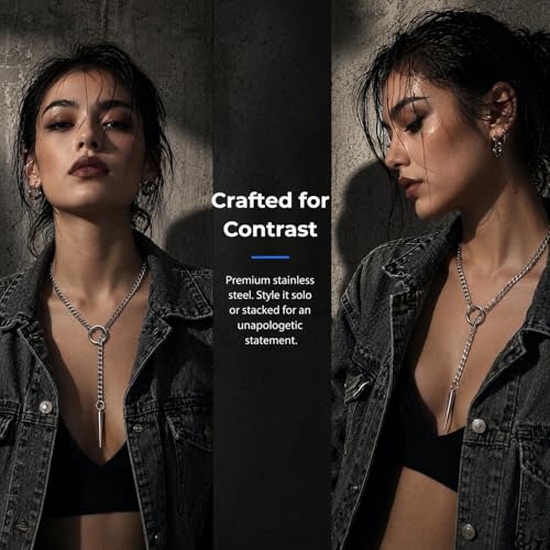 Slip Chain Choker for Women Handmade Black Stainless Steel Cuban Chain Chunky Moon Bat Raven Skull Pendant Gothic Punk Rock Collar Adjustable Lariat Y Necklace for Men - style: Silver Spike