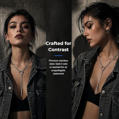 Slip Chain Choker for Women Handmade Black Stainless Steel Cuban Chain Chunky Moon Bat Raven Skull Pendant Gothic Punk Rock Collar Adjustable Lariat Y Necklace for Men - style: Silver Spike
