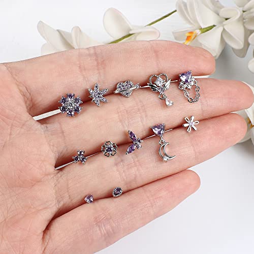Sanfenly 12 PCS 20G Nose Rings Surgical Stainless Steel, L Shaped Nose Studs for Women Men, CZ Heart Butterfly Flower Leaf Moon Dangle Cute Nose Piercings Studs Screw Jewelry Pink/Purple/Blue/Clear - color: Purple