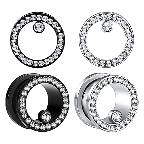 WBRWP Unisex Women 6pcs/8pcs-3pairs/4pairs Hollow Zircon Stainless Steel Screw Ear Plugs Tunnels with ZirconEar Plugs Tunnels - Ear Expander - Ear Gauges Stretcher Body Piercing 8g-5/8 - color: 2pairs set in black and silver color