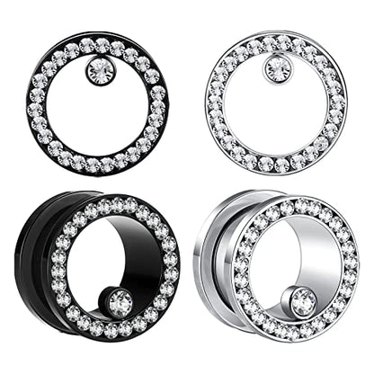 WBRWP Unisex Women 6pcs/8pcs-3pairs/4pairs Hollow Zircon Stainless Steel Screw Ear Plugs Tunnels with ZirconEar Plugs Tunnels - Ear Expander - Ear Gauges Stretcher Body Piercing 8g-5/8 - color: 2pairs set in black and silver color