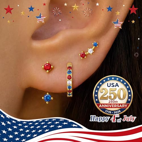 3 Pairs Dainty Small Earrings Set for Women Trendy, Birthstone Stud Huggie Hoop Jacket Stack for Cartilage Helix, Gold Plated Hypoallergenic Cute Women Fashion Accessories Western Jewelry Gifts - color: 4th of July earrings(Gold Red White Blue)