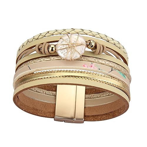 GelConnie Leather Cuff Bracelet Baroque Pearl Wrap Bracelet Gorgeous Gold Tube Bangle Boho Bracelet Bohemian Wristband Jewelry Gift for Women Wife - color: Women Leather Bracelet