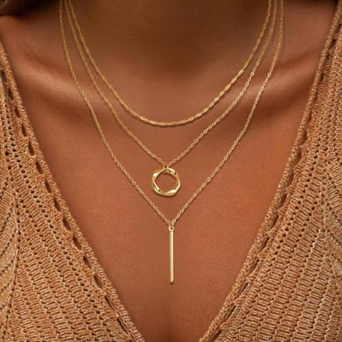 Vintage Layered Bar Pendant Necklace Hollow Circle Choker Necklace Gold Vertical Bar Necklaces Multilayer Chain Necklaces Jewelry for Women