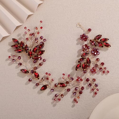 Teyglen Wine Red Rhinestone Wedding Headband Bridal Crystal Flower Hair Vine Handmade Burgundy Crystal Headpiece for Bride Hair Accessories for Women Head Piece(Wine Red) - color: Wine Red