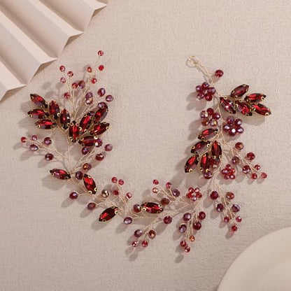 Teyglen Wine Red Rhinestone Wedding Headband Bridal Crystal Flower Hair Vine Handmade Burgundy Crystal Headpiece for Bride Hair Accessories for Women Head Piece(Wine Red) - color: Wine Red