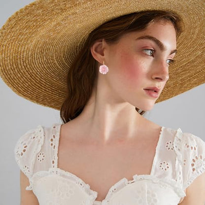 Handmade Bohemian Aesthetic Dainty Acrylic Flower Petal Leverback Earrings Sparkly 14K Gold Floral Dangle Drop Earrings for Women - color: Light Pink