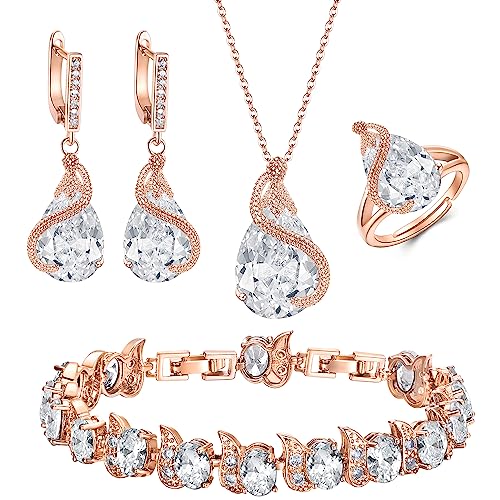 EVER FAITH Wedding Jewelry Set for Bride Bridesmaid, Glamour Teardrop Cubic Zirconia Pendant Necklace Earrings Tennis Bracelet Open Ring Sets for Birthday/Valentine's Day/Mother's Day/Christmas - color: A_Clear Rose Gold-Plated-Brass