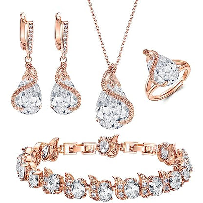 EVER FAITH Pear Cubic Zirconia Wedding Jewelry Set for Bride Bridesmaid - color: Clear Rose Gold-Plated-Brass