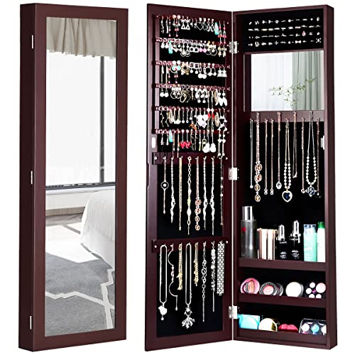 Giantex Wall Mounted Jewelry Cabinet with Full Length Mirror, Over The Door Jewelry Armoire Organizer with Large Storage, Makeup Mirror & Velvet Lining (Brown) - color: Brown