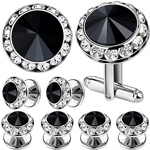 AMITER Crystal Cufflinks and Tuxedo Studs for Men, Cuff Links Suits for Shirt Formal Dress Business Wedding Anniversary - color: Black