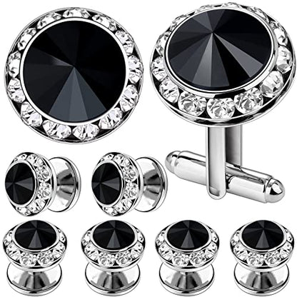 AMITER Crystal Cufflinks and Tuxedo Studs for Men, Cuff Links Suits for Shirt Formal Dress Business Wedding Anniversary - color: Black