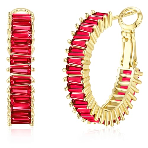 Trendy 14K Gold Plated Hoop Earrings for Women, Chunky Gold/Silver Earrings for Women Cubic Zirconia Baguette Hoop Earrings Heart Hoops Lightweight Hypoallergenic Jewelry,25mm/35mm/40mm/50mm - color: 01 Gold Red Hoops 25mm