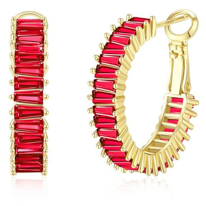 Trendy 14K Gold Plated Hoop Earrings for Women, Chunky Gold/Silver Earrings for Women Cubic Zirconia Baguette Hoop Earrings Heart Hoops Lightweight Hypoallergenic Jewelry,25mm/35mm/40mm/50mm - color: 01 Gold Red Hoops 25mm