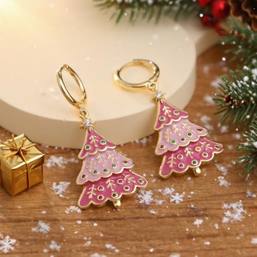 Sonateomber Gold Silver Small Hoop Dangle Earrings for Women, Trendy Dainty Rhinestone CZ Dangling Prom Wedding Leaf Flower Snowflake Butterfly Starfish Fashion Jewelry Gift - color: Pink Tree