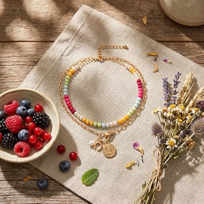 Colorful Acrylic Beaded Necklace For Women, Boho Double Layer Rainbow Beads Thick Cuban Chain Chunky Heart Pendant Statement Choker Summer Beach Jewelry Gift - color: Colorful Gold Hand