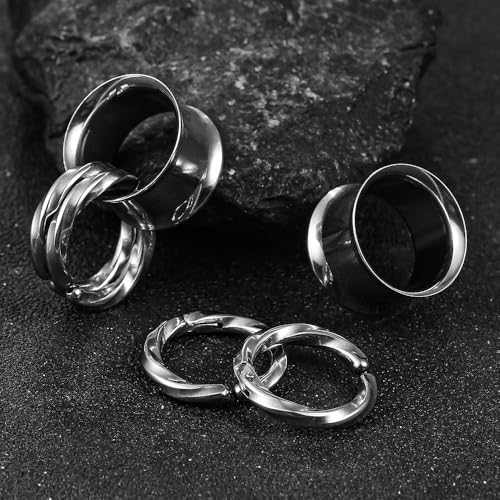 1 Pair Basic gauges+2 twisty rings Ear Tunnels Plugs 316 Stainless Steel Ear Gauges Weight Saddle Plugs Hypoallergenic expander Piercing Body Jewelry 00g 0g-1'' - color: Twisty-Silver, size: 10 mm