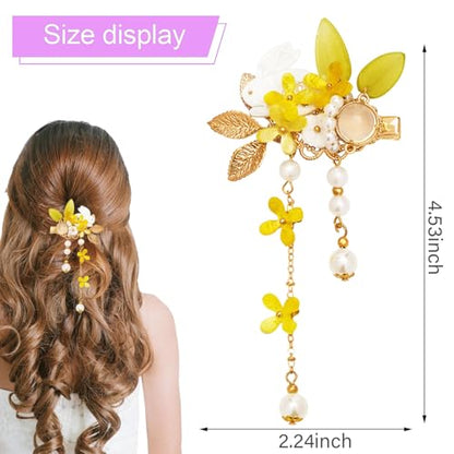 A Pair Wedding Hair Clips, Handmade Floral Design Crystal Hair Clips Pearl Barrettes, Rhinestones Flower Clips Pearl Headpieces Hair Pins Hair Accessories for Women Girls (Yellow) - color: Yellow