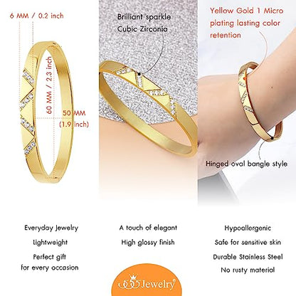 555Jewelry Womens Sparkling Cubic Zirconia Secure Hinge Lock Bangle Stainless Steel Bracelet - color: Yellow Gold Style 2